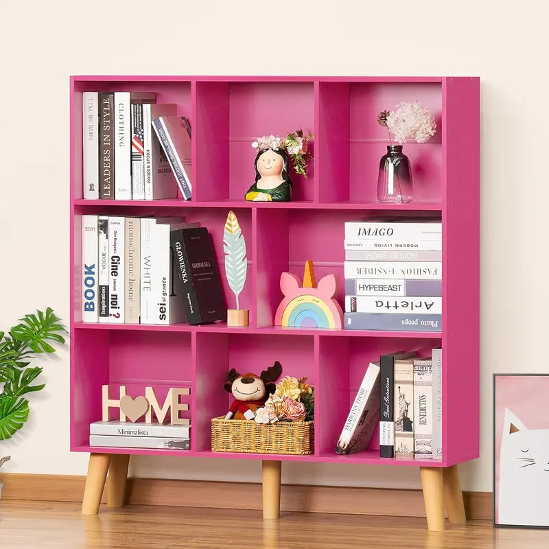 LEYAOYAO Natural Wood 7-Cube Bookshelf  Modern Open-Back Storage Unit with Solid Legs