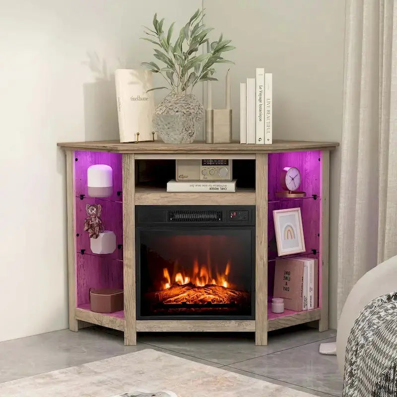 Costway Electric Fireplace TV Stand  LED-Lit Media Console with 18″ Heater & Adjustable Flame Effects