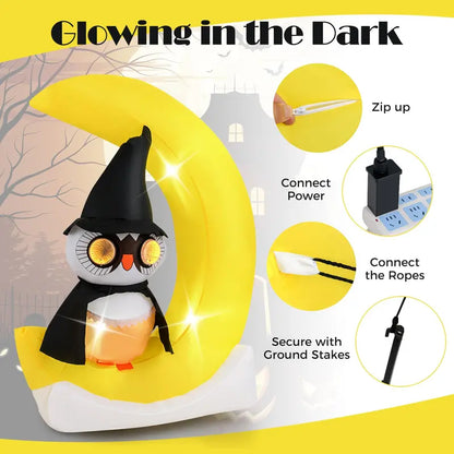 5.1 ft Pre-Lit Halloween Inflatable  Owl on the Moon Decor with Witch Hat & Integrated LED Lights
