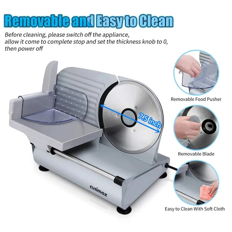 CUSIMAX Electric Deli Slicer  Dual Stainless Steel Blades & Precise Thickness Control