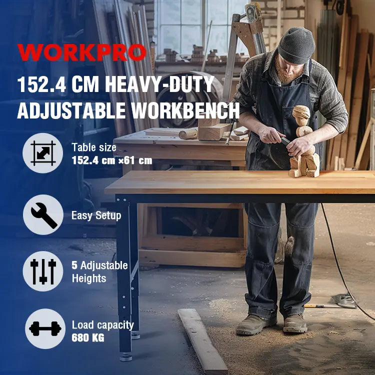 WORKPRO 60″ x 24″ Adjustable Workbench  1500-LB Capacity, Hardwood Top, Power Outlets
