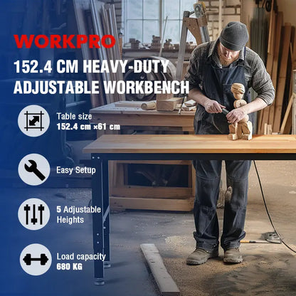 WORKPRO 60″ x 24″ Adjustable Workbench  1500-LB Capacity, Hardwood Top, Power Outlets