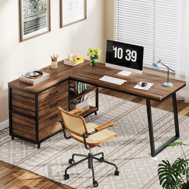 Reversible L-Shaped Industrial Computer Desk  53-Inch Rustic Brown Home Office Workstation with 3 Drawers and Open Shelving