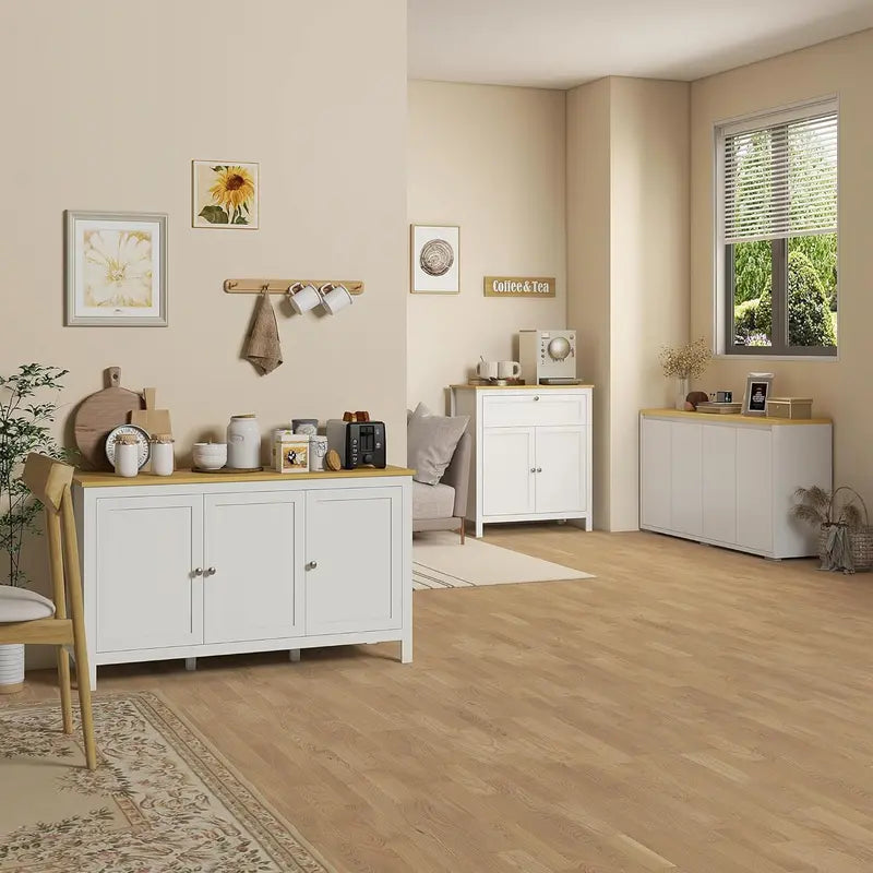 Minimalist White Sideboard Buffet Cabinet — 4-Door Storage Unit with Adjustable Interior Shelving for Modern Kitchens