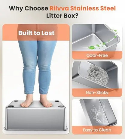 XXL Stainless Steel Cat Litter Box with Dual Entrance, Covered & High Walls, Includes Litter Scoop