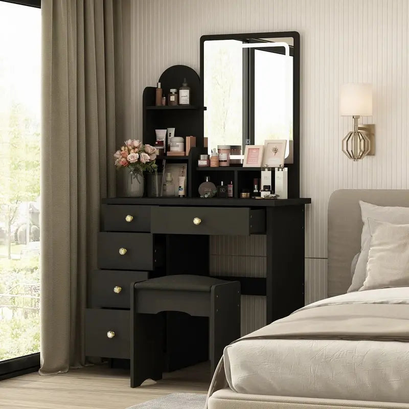 LED-Lit Makeup Vanity Desk Set  Includes Mirror, Adjustable Lighting, and Matching Stool