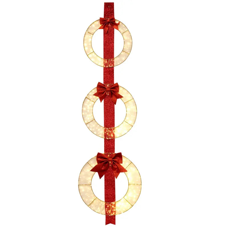 Set of Three 5.8-Foot Lighted Holiday Wreaths with 450 LEDs and Elegant Red Ribbon Accents