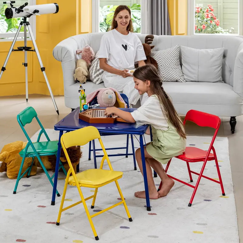 Homy Casa Kids Folding Table & 4 Chairs, Multicolor, Sturdy & Compact for Playroom/Daycare