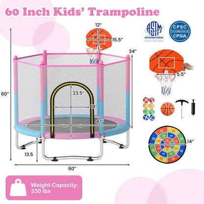 60-Inch Toddler Trampoline  Safe Recreational Bouncer with Basketball Hoop for Ages 36