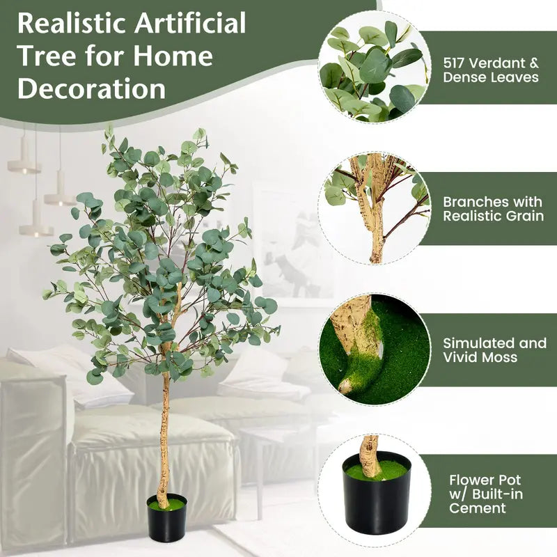 5.5-Foot Faux Eucalyptus Tree  Lifelike Silver Dollar Leaf Plant in Decorative Pot