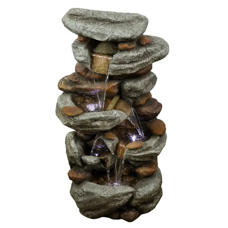 Watnature 4-Tier Rock Water Fountain with LED Lights  Outdoor Water Fountains Cascading Floor Water Feature Art Decor for Garden, Pation, Deck, Porch