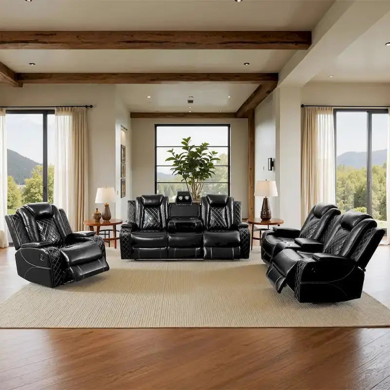 Modern 3-Piece Leather Recliner Set — Includes LED Lighting & Wireless Charging Ports