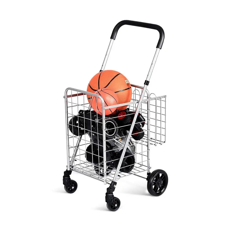 Heavy-Duty Folding Shopping Cart with Dual Baskets and 360° Swivel Wheels