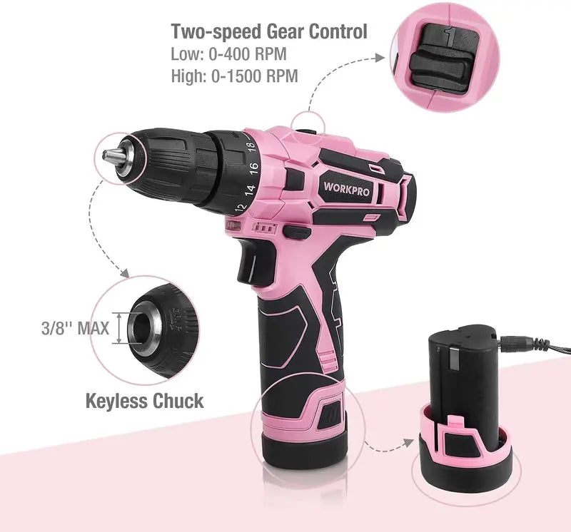 WORKPRO 12V Cordless Drill Kit for Women  Pink Ribbon Design