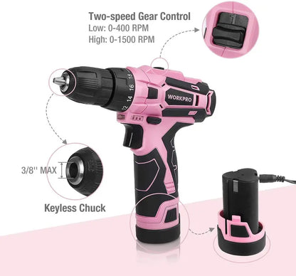 WORKPRO 12V Cordless Drill Kit for Women  Pink Ribbon Design
