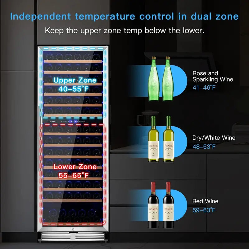 24-Inch Dual-Zone Wine Cooler  154-Bottle Capacity Freestanding or Built-In Refrigerator with Tempered Glass Door, Memory Function & Independent Temperature Control