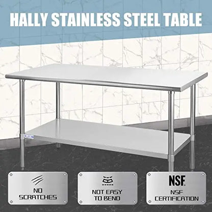 Hally Stainless Steel Table for Prep   Work 30 x 60 Inches, NSF Commercial Heavy Duty Table