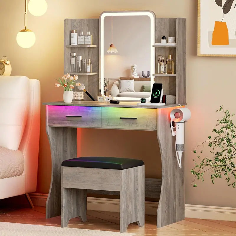 Compact LED Vanity Desk Set with Dimmable Mirror, Power Outlet, and Slim Profile