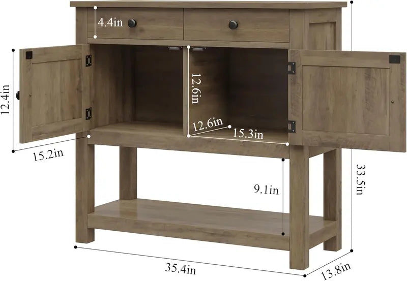 HOSTACK Farmhouse Console Table  Rustic Brown Entryway or Coffee Bar with Cabinet, Drawers & Shelf