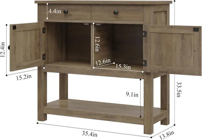 HOSTACK Farmhouse Console Table  Rustic Brown Entryway or Coffee Bar with Cabinet, Drawers & Shelf