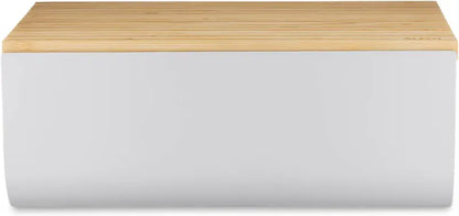 Alessi Mattina Bread Box with Bamboo Cutting Board, Steel & Epoxy Resin, Warm Grey
