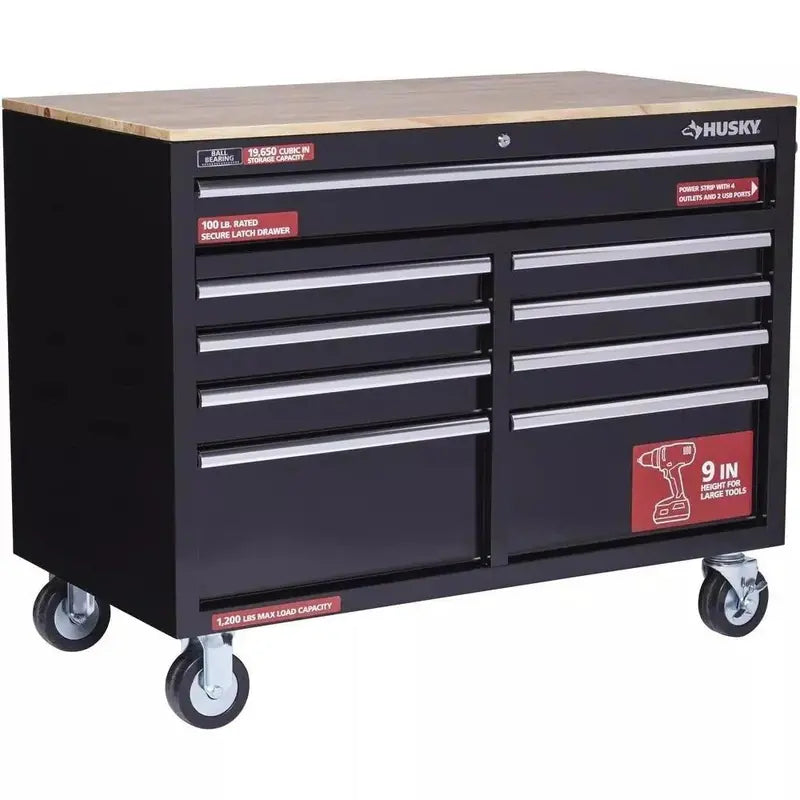 46-Inch Mobile Tool Chest  Gloss Black 9-Drawer Workbench with Deep Storage