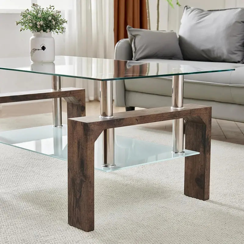 Contemporary Rectangle Coffee Table  Glass-Topped Living Room Side Table with Wooden Legs, Ideal for Waiting Areas