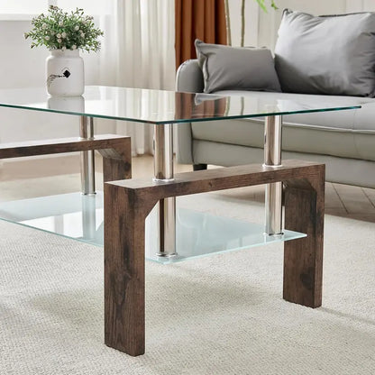 Contemporary Rectangle Coffee Table  Glass-Topped Living Room Side Table with Wooden Legs, Ideal for Waiting Areas