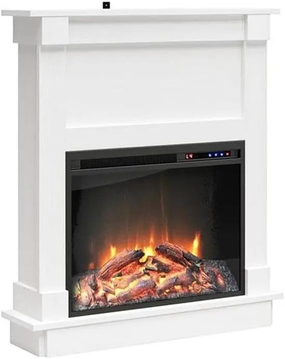 Ameriwood Home Ellsworth Electric Fireplace Console  White Mantel Unit with Built-In Heater and Ambient Glow