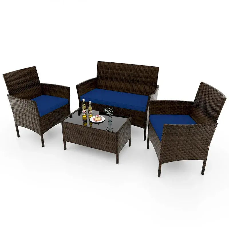 Costway 4-Piece Patio Furniture Set  Tempered Glass Table with Washable Seat Cushions