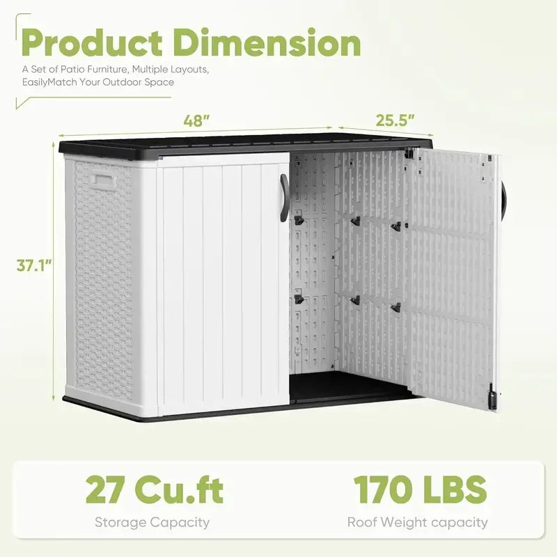 Devoko Heavy-Duty Outdoor Storage Cabinet — 26-Cubic-Foot Lockable Horizontal Shed with Waterproof Build