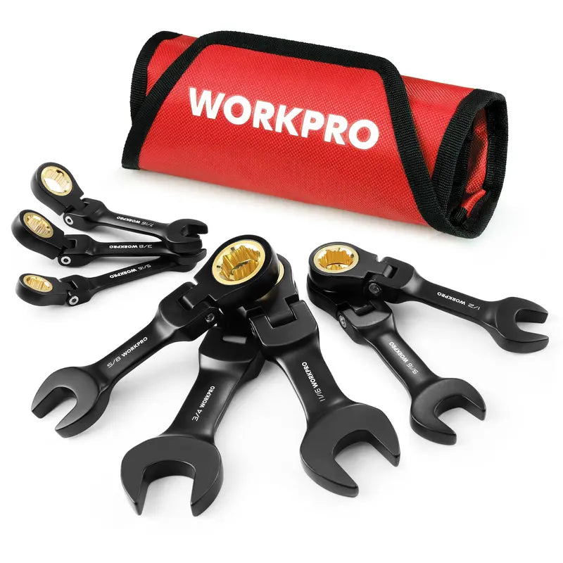 WORKPRO 8-Piece Flex-Head Stubby Wrench Set — Anti-Slip Design with Compact Rolling Pouch