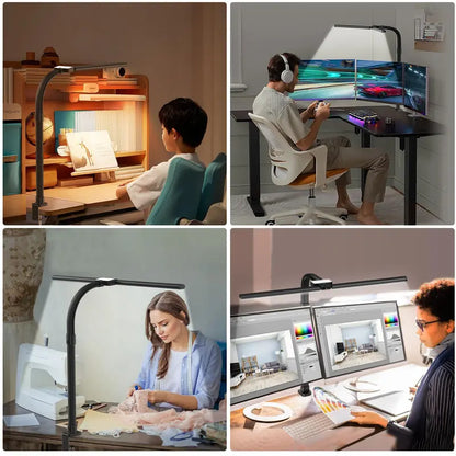 Clamp-Mount Dual-Head LED Desk Lamp  24W, 5 Brightness + 5 Color Modes, Articulating Arm