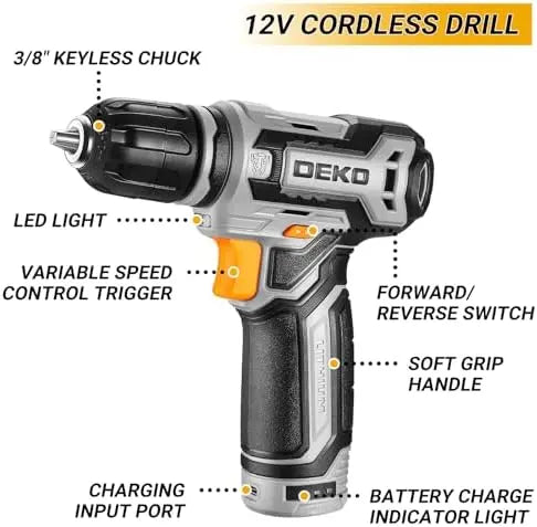 DEKOPRO 12V Cordless Drill & Tool Kit Box Set  Home Mechanic Combo with Storage Case