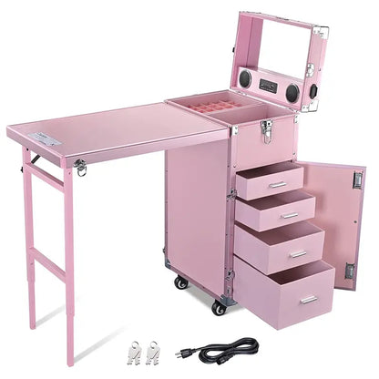 BYOOTIQUE Rolling Cosmetic Station  Pink Mobile Makeup Trolley with Mirror & 4 Drawers