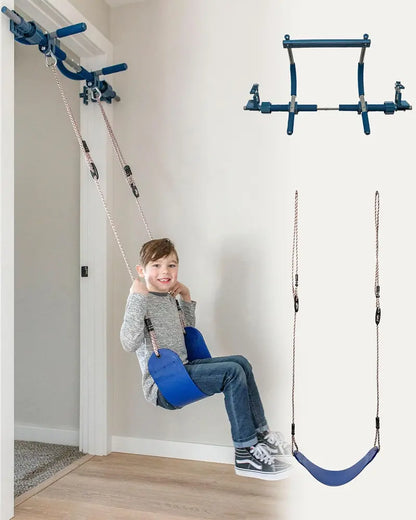PIPG Indoor Doorway Gym Set for Kids & Adults, Blue, Steel Frame, 6-Piece with Sensory Swing, Pull-Up Bar, Rings, Trapeze, Ladder & Rope, 300 lbs Capacity