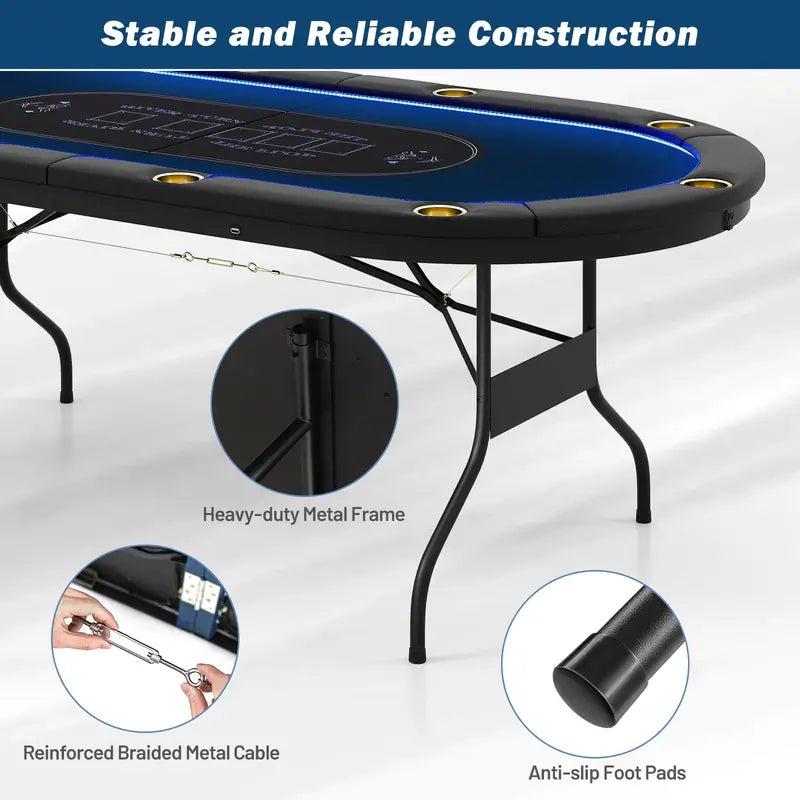 LED-Illuminated Foldable Poker Table for Texas Hold’em and Blackjack (84″ Wide)