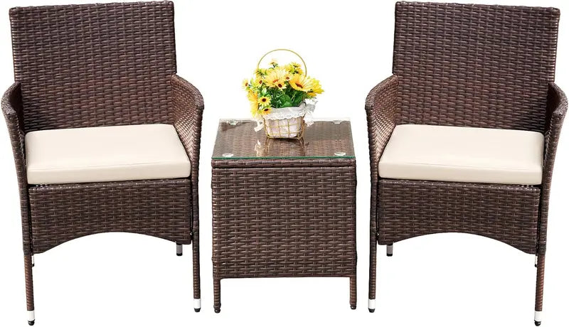 Devoko 3-Piece PE Rattan Patio Set  Brown and Beige Wicker Chairs with Matching Outdoor Table