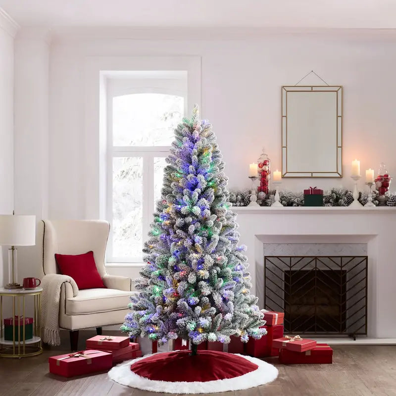 6.5 ft Pre-Lit Flocked Frisco Pine Christmas Tree with 250 LED Lights & Stand  Green/White