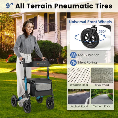 All-Terrain Rollator Walker for Seniors  Dual-Function Folding Design with 9-Inch Pneumatic Tires & Comfort Seat