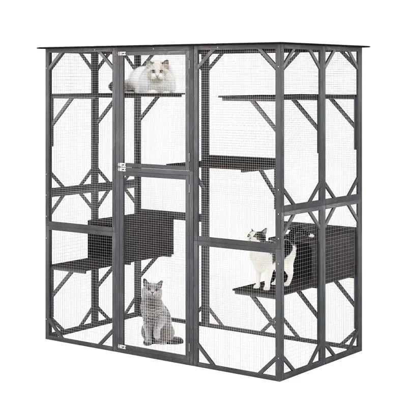 71-Inch Outdoor Catio for Cats  Walk-In Wooden Kitty Enclosure with 7 Tiered Platforms and Playpen Design