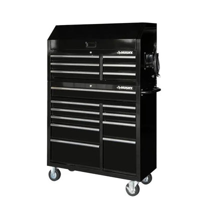 Professional 41-Inch Tool Chest with Cabinet  Gloss Black 16-Drawer Workshop Storage Solution