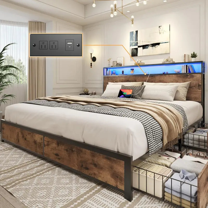 Lifezone Queen Platform Bed  2-Tier Storage Headboard with Charging Station, LED Lights & Quiet Metal Support
