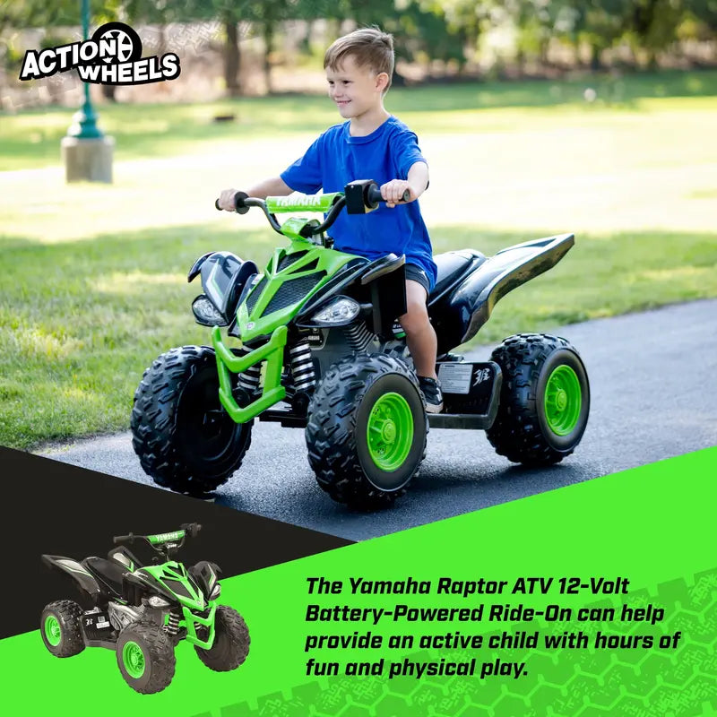 Yamaha 12V Raptor ATV Ride-On  Kids’ Powered Vehicle (Ages 3+), 5 MPH Max Speed