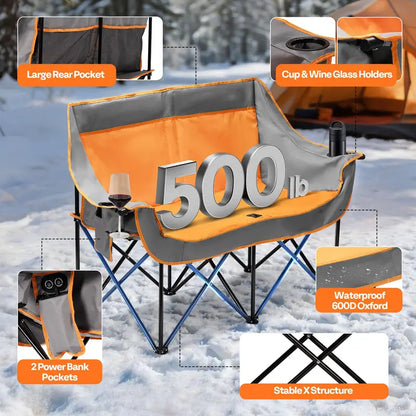 Heated Dual-Seat Camping Loveseat  Integrated Power Bank Ports & Cup Holders
