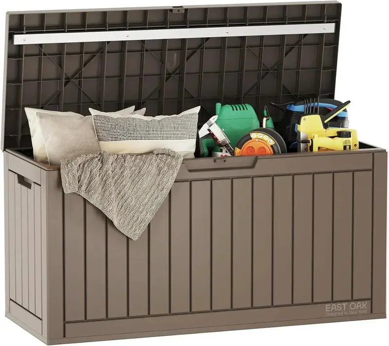 EAST OAK 60-Gallon Weatherproof Deck Box — Resin Outdoor Storage Bin for Patio or Garage