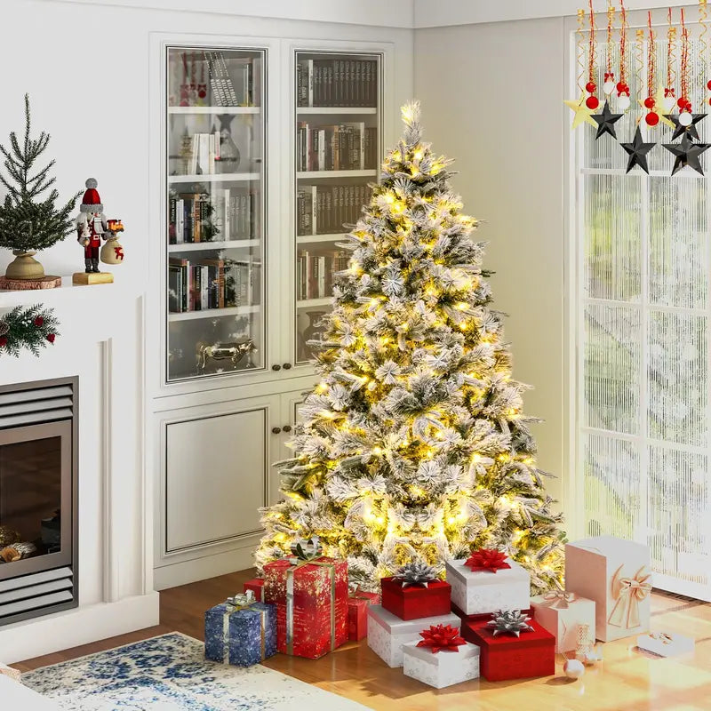 6-Foot Snow-Flocked Pre-Lit Christmas Tree with Realistic Pine Branches