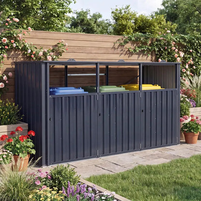 7.8 ft x 2.6 ft Triple-Bin Outdoor Trash Enclosure  Flip-Lid Metal Garbage Shed