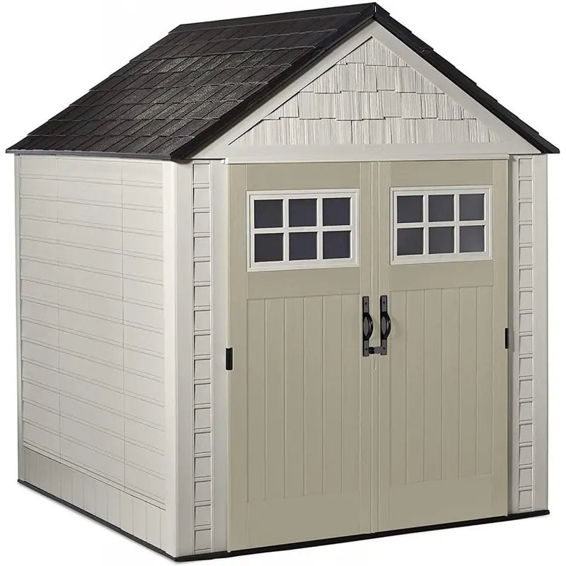 Rubbermaid 7 ft x 7 ft Outdoor Storage Shed  Weather-Resistant Resin Garden Shed with Windows and Utility Hooks (Sand)