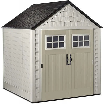 Rubbermaid 7 ft x 7 ft Outdoor Storage Shed  Weather-Resistant Resin Garden Shed with Windows and Utility Hooks (Sand)